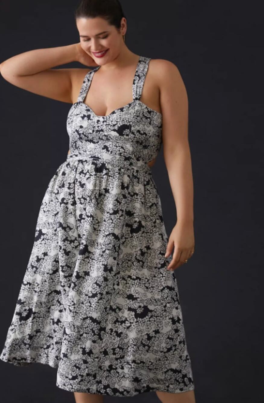 Anthropologie Printed Midi Dress Boho Cottagecore Cutout Black White